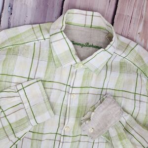 Tommy Bahama Mens L Green All Linen Long Sleeve Light Madras Plaid Contrast Cuff